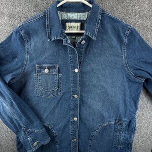 Orvis Women XL Denim Jacket Chore Coat Button Up Pockets Cotton Spandex Outdoor